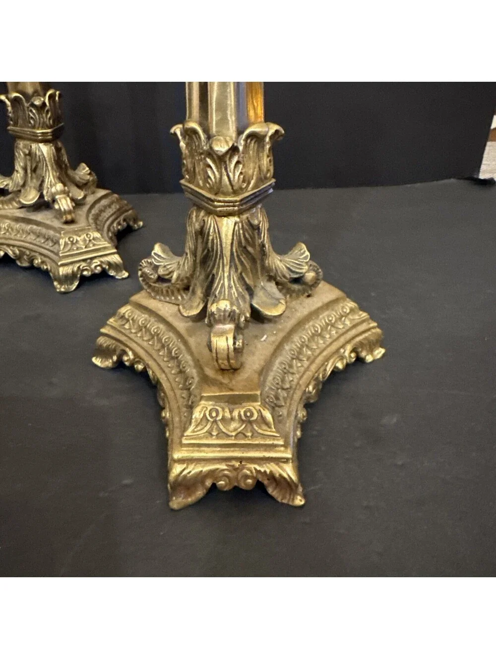 Antique Bronze Ornate Elegant Pair Of Gilt Bronze Candlesticks Stunning 13 3/8”H